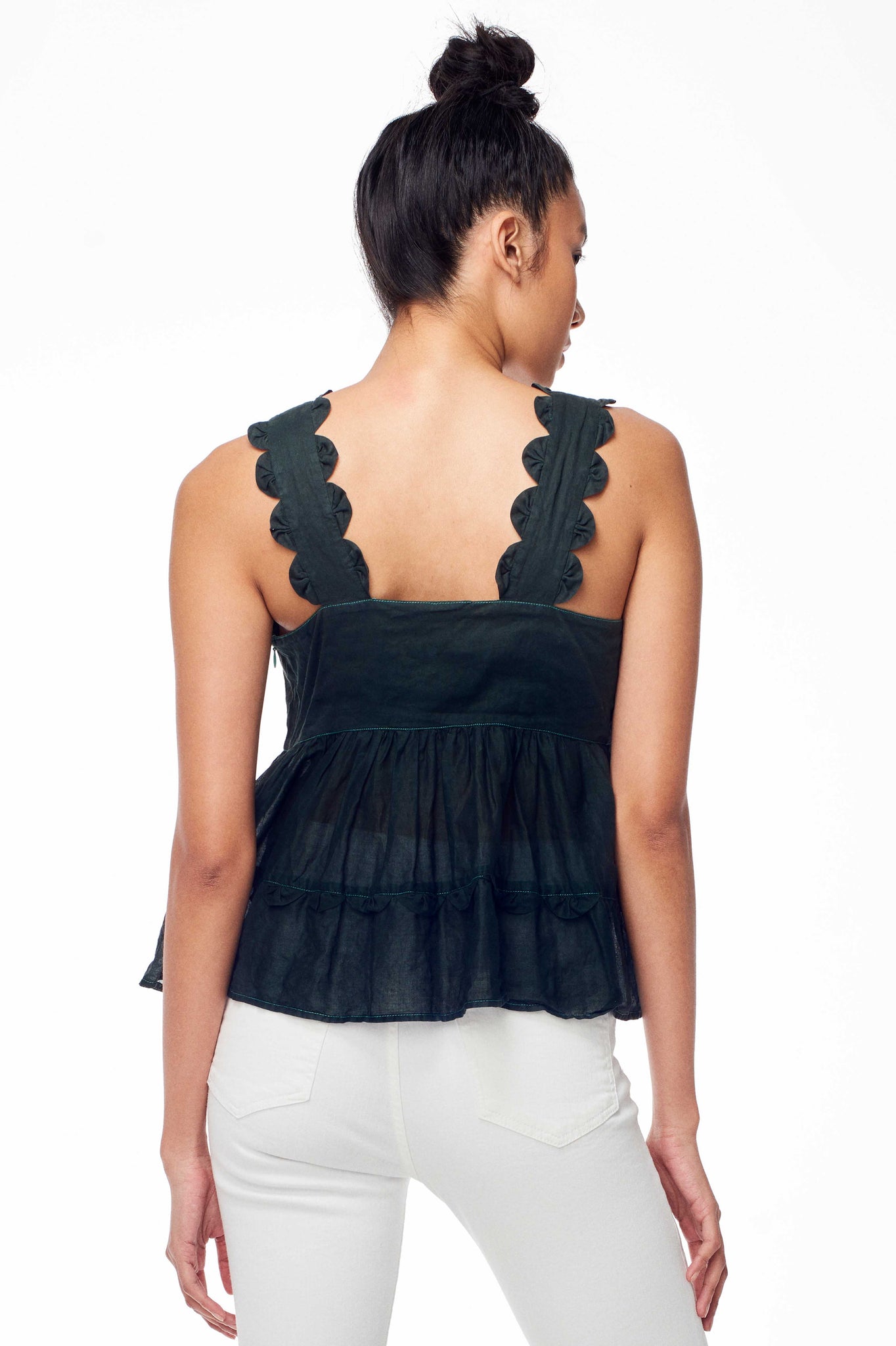 Antik Batik Spring 2018 Lolaa Top. Tank Top with scalloped strap detail and pleating detail. Fully lined at bust, semi-sheer at bottom. Small measures 24 inches from shoulder to hem. Color Black. 100% Cotton Organdi. Sizes X-Small Small Medium Large