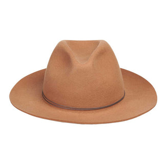 Artesano Fall 2018 Nevado Hat in Camel. Signature Panama style featuring pinched crown top, lined with an interior grosgrain ribbon and finished with bright metallic cord. Handmade in Ecuador. 2.8" brim. Color tan. 100% wool felt. One size.