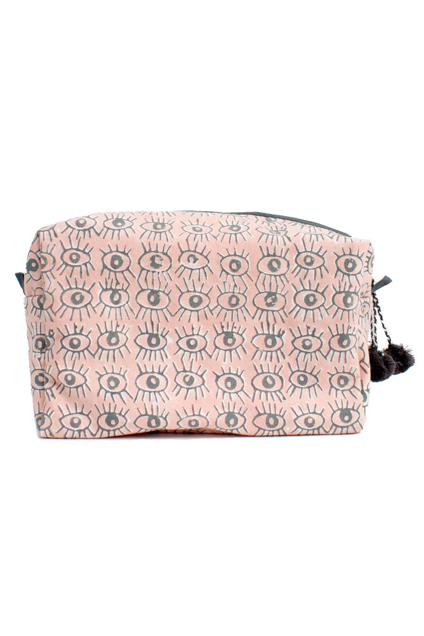 Bohemia Design Eye Print Cosmetic Case. Rectangular gusseted cosmetic bag made from lightweight cotton and finished with tonal pom pom detailing on the zipper. Block printed with evil eye pattern. 10 inches by 6 inches. 4 inch gusset. Colors Blush Duck Blue. 100% Cotton Canvas with Waterproof Lining. One size.