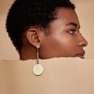 Accompany Exclusive Soko White Bone Nairobi Drop Earring. Tiered pendulum drop earring. Hand dyed bone bead at post. Chrome plated brass tube bead. Chrome plated brass chain. Hand carved horn medallion. Post setting for pierced ears. 2.5 inch drop from post. Color white blue silver. Chrome plated brass hardware. Dyed bone and ankole horn. One size.