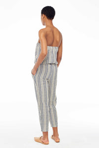 Elina Lebessi Spring 2018 Strapless Jumpsuit in Mykonos. Strapless woven jumpsuit with elastic at waist. Ankle crop leg with raw-hem pockets at hip. Small measures 45 inches from bust to hem. Color Light Blue Off-White. Sizes Small Medium Large.