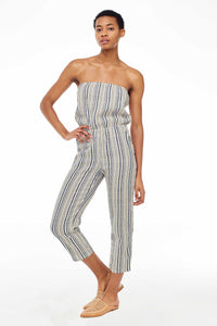Elina Lebessi Spring 2018 Strapless Jumpsuit in Mykonos. Strapless woven jumpsuit with elastic at waist. Ankle crop leg with raw-hem pockets at hip. Small measures 45 inches from bust to hem. Color Light Blue Off-White. Sizes Small Medium Large.