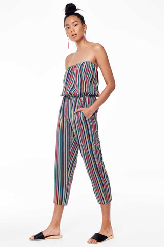 Elina Lebessi Spring 2018 Strapless Jumpsuit in Multi. Strapless woven jumpsuit with elastic at waist. Ankle crop leg with raw-hem pockets at hip. Small measures 45 inches from bust to hem. Color multi Blue. Sizes Small Medium Large.