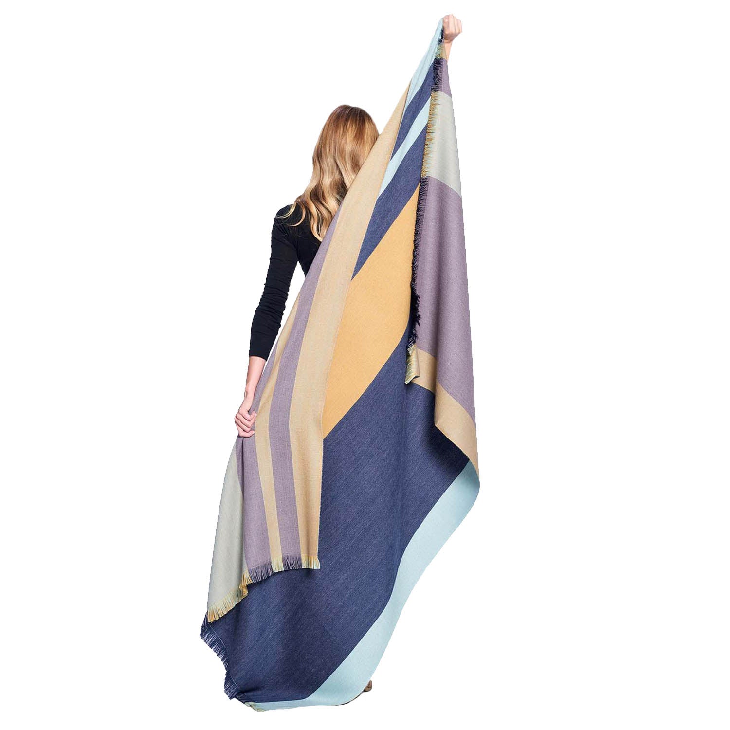 Reversible alpaca throw in gold and indigo colorblock style stripes