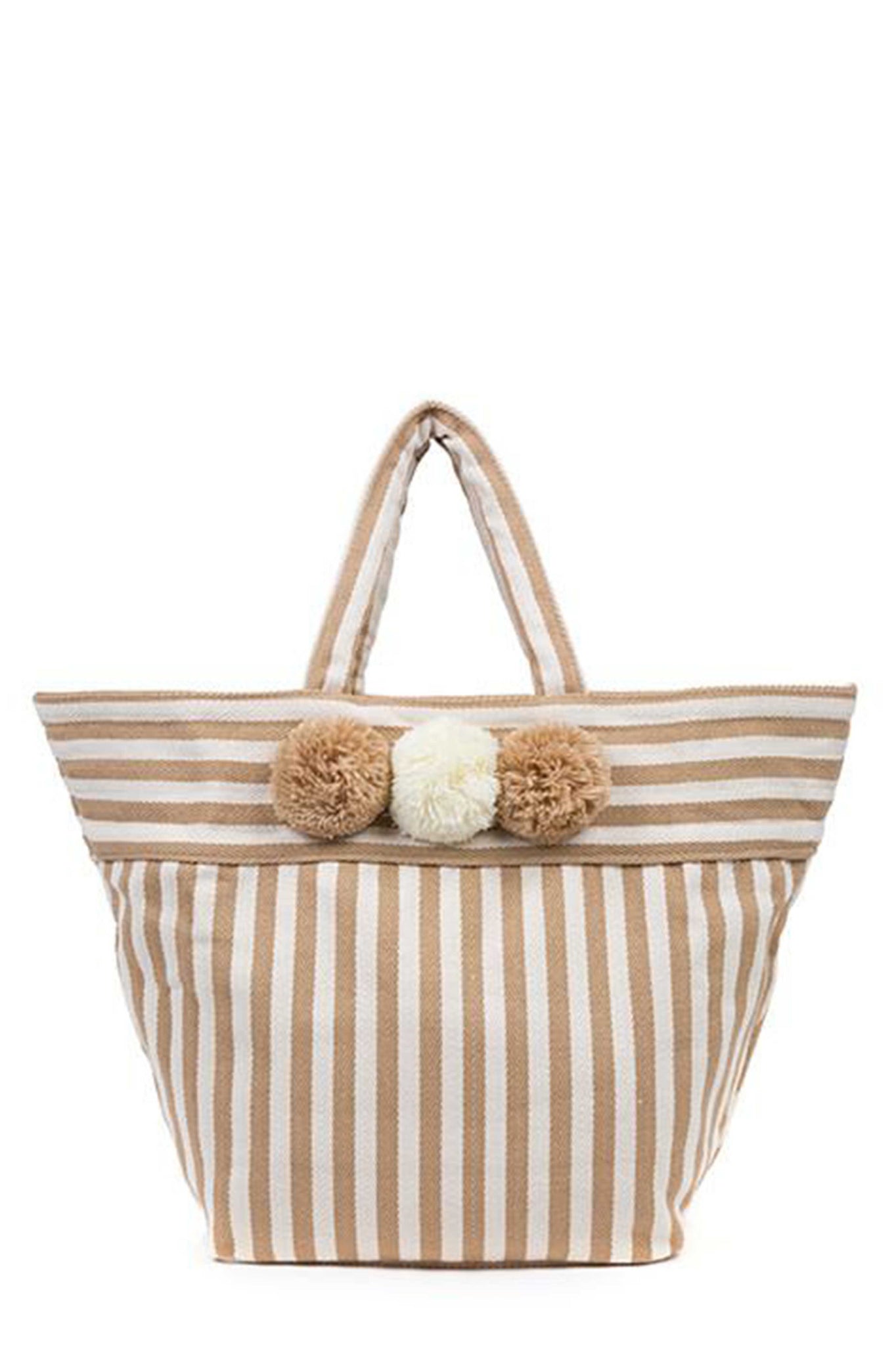 Valerie 3-Pom Tote by JadeTribe. A smaller version of the best selling beach bag. Nautical textile with three pom pom detail. Makes the perfect summer beach tote with interior pocket. This does not have cross body straps. This bag is vegan. Measurements L23 x H14 x W5 inches 