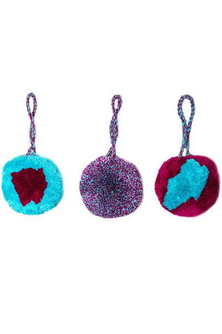 Set of 6 Chajul Blue and Pink Hanging Pom Poms by Meso Goods. Features 3 different designs. Perfect for party decor and gift wrapping! Made in Guatemala Set of 6 Diameter: approx. 2.5"