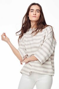 Accompany Exclusive Proud Mary Huipile Top in Grey Natural Stripe. Lightweight loose fitting top. Boxy and loose. 3/4 length sleeves. Round crew neck. Measures 25 inches from shoulder to hem. Color grey and white stripe. 100% cotton. One size fits most.