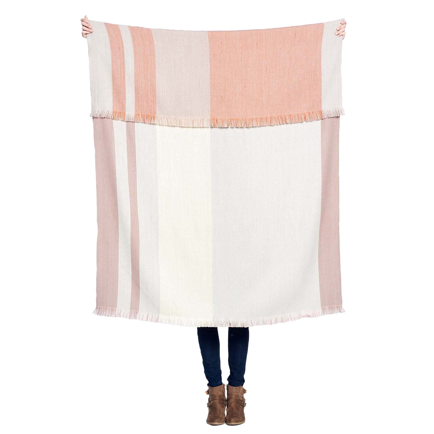reversible lightweight blanket featuring peach and rose stripes 