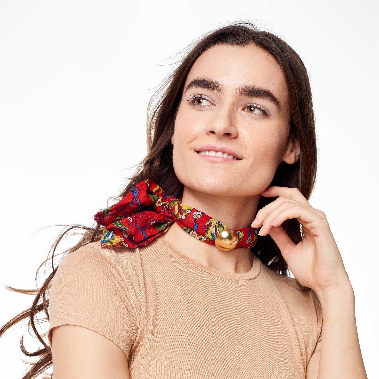 Red scarf choker with brass decoration