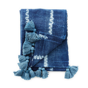 Fringed indigo shibori throw blanket