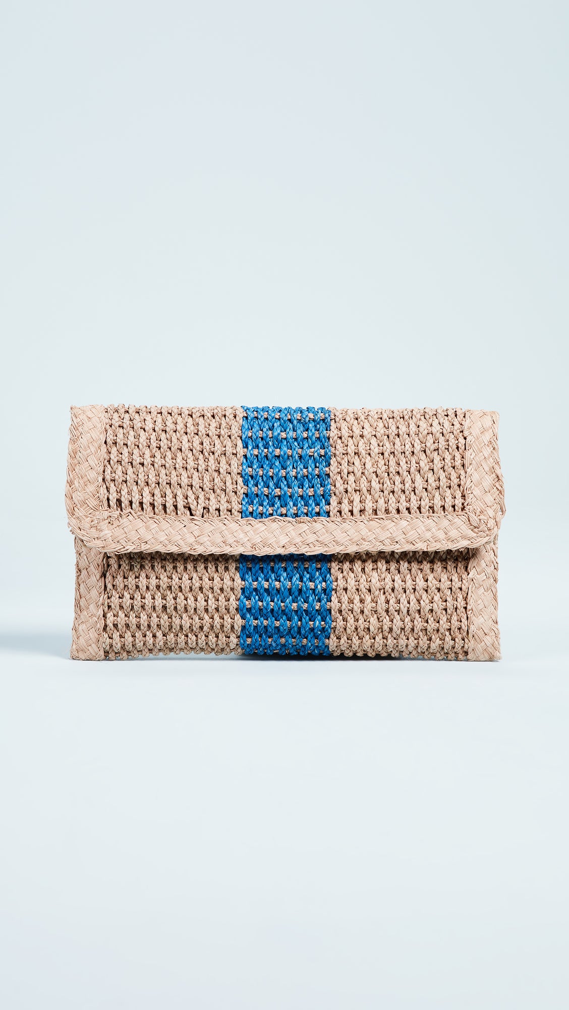 Bali Cobalt Clutch from Kaanas Spring 2018. This straw KAANAS clutch is a great blend of casual and sophisticated, with a tidy shape and a wide contrast stripe. Fabric: Woven straw. Magnetic closure at front. Lined. Sporty straw bag. Measurements Length: 10.5" Width: 6" 
