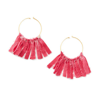 Red fabric fringed hoop earrings