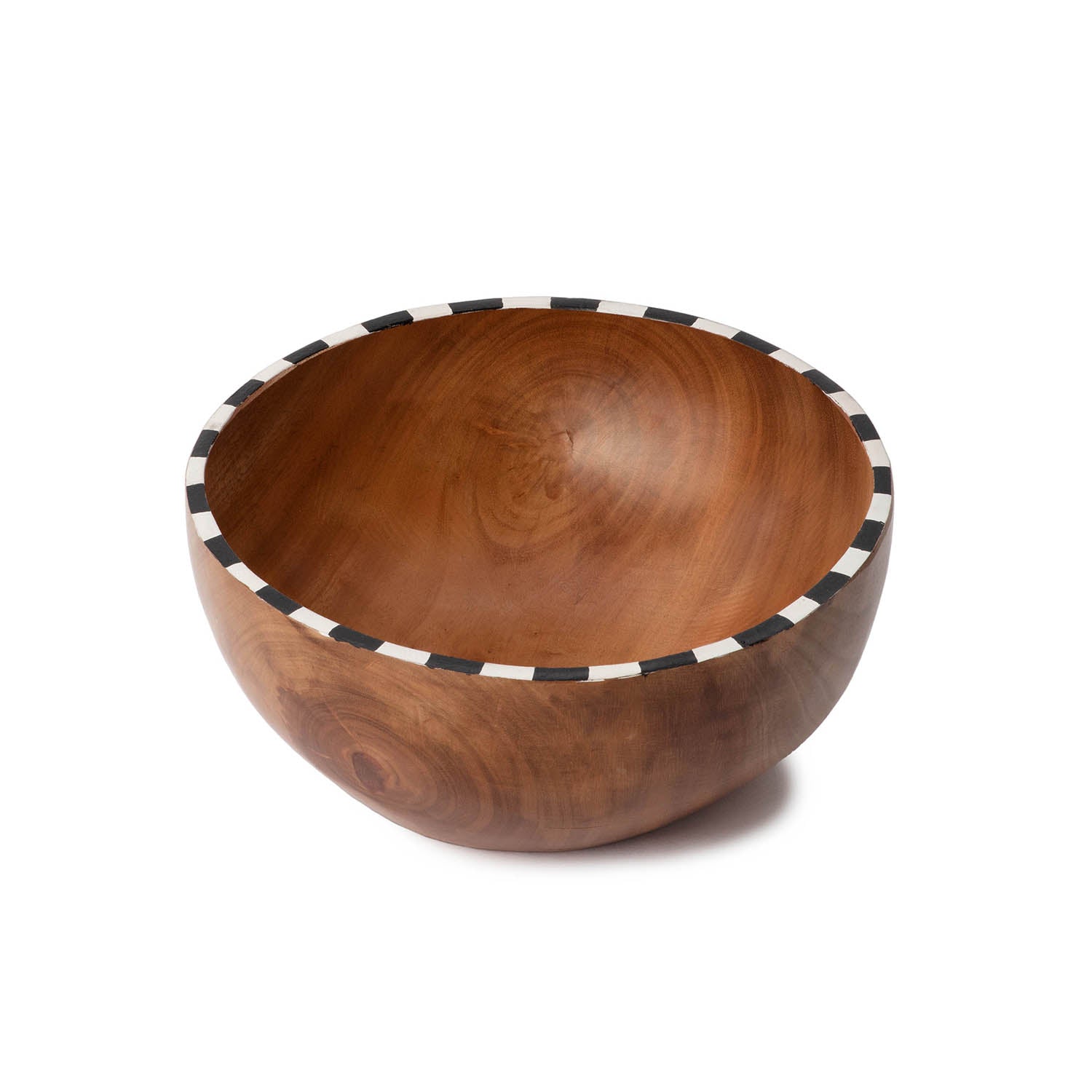 wooden serving bowl with black and white trim