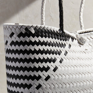 black and white contrasting detail on side of tote bag