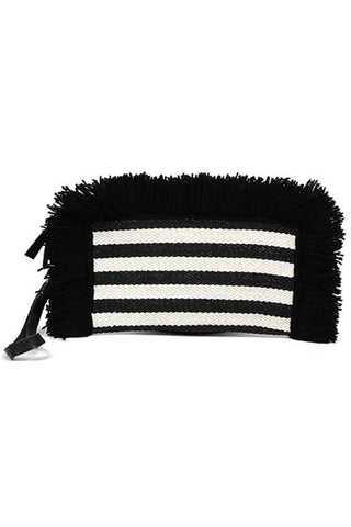 Valerie Fringe Clutch by JADETribe in pink and black. Nautical stripe textile wristlet clutch with fringe detail. Ultra suede lining and interior zip pocket. Available in black and pink. MeasurementsApproximately 10" L x 5" H 